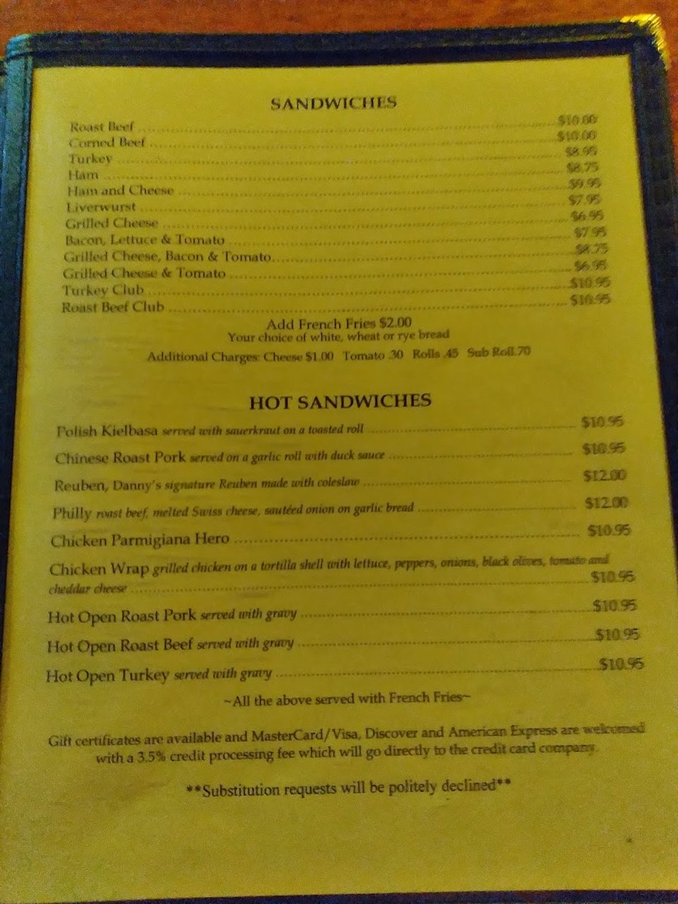 Menu page with American dishes and specials
